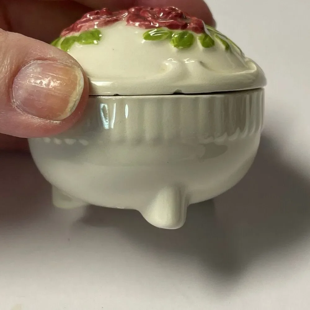Vintage porcelain trinket box raised roses footed Victorian antique style shabby